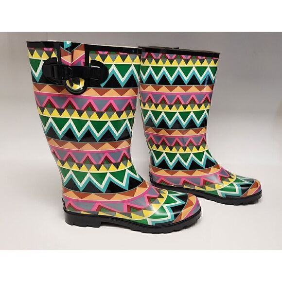 Corkys Shoes Women's Sunshine Multi Color Chevron Print Rain Boots Size 10 - Picture 3 of 12